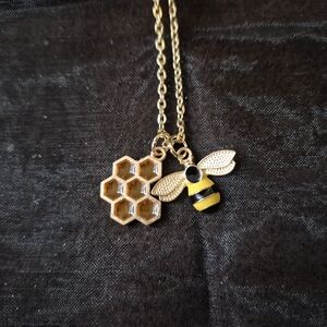 Gold Honeycomb and Bee Pendant Necklace